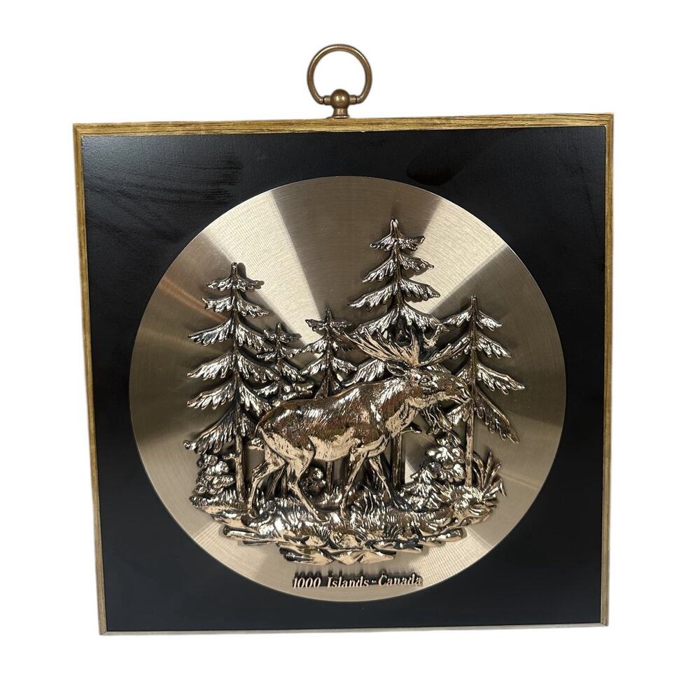 Vtg 3D Moose Trees Wall Plaque Wood Copper‎ A&F 1000 Islands Canada Cabin Decor